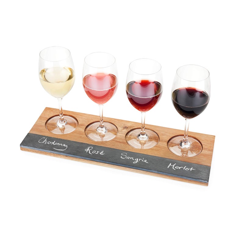 Twine Wine Flight Board with Slate Chalkboard & Acacia Wood Tray, Holds 4 Glasses, Includes Soapstone Chalk, Perfect for Wine Tasting Parties, Housewarming, Hosting Essentials - Image 1